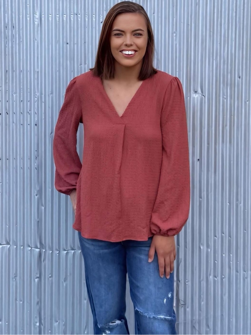 Haptics Rust Terracotta V-Neck Long Sleeve Blouse - Multiple Sizes Available